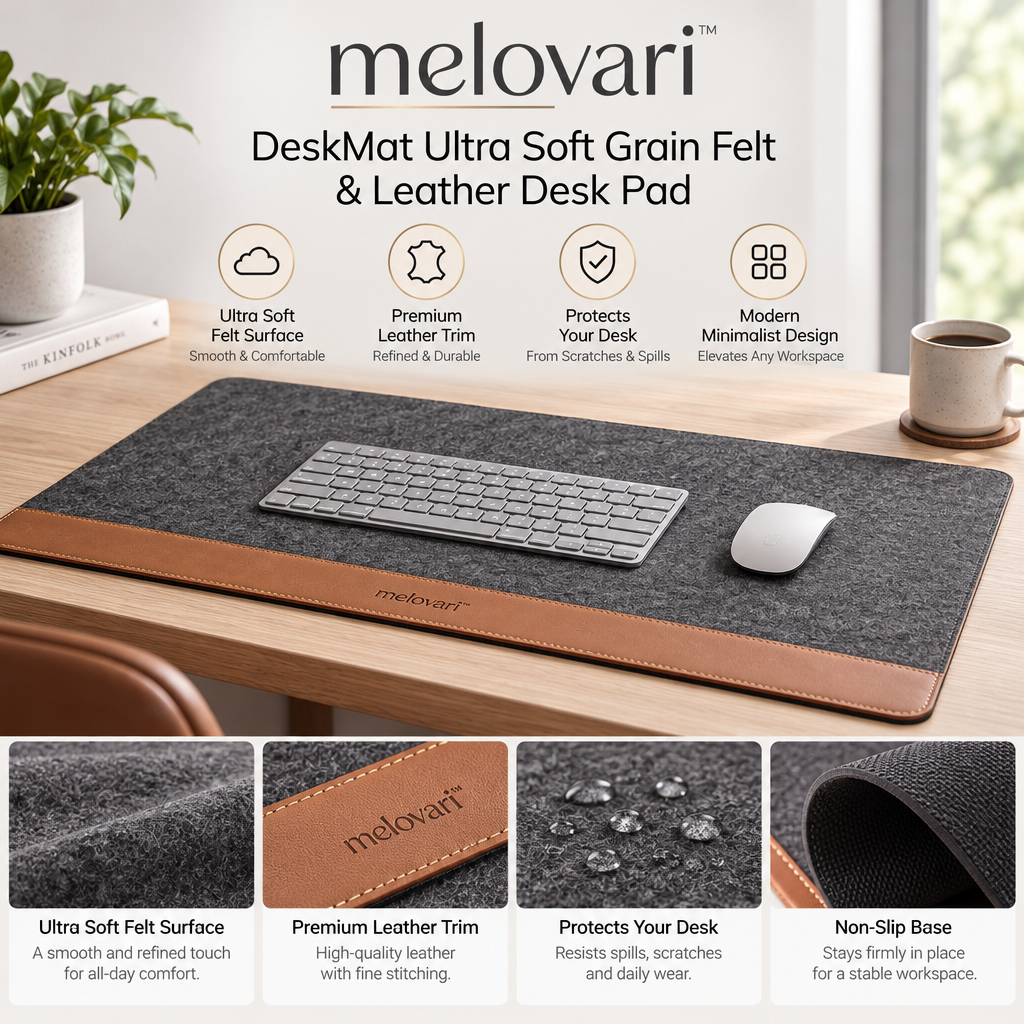 melovari™ DeskMat Ultra Soft Grain Felt & Leather Desk Pad