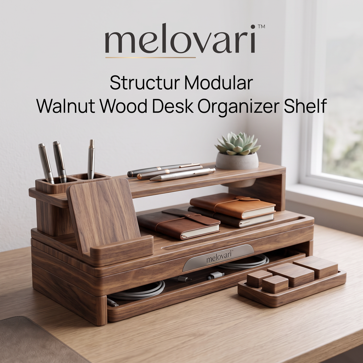 melovari™ Structur Modular Walnut Wood Desk Organizer Shelf