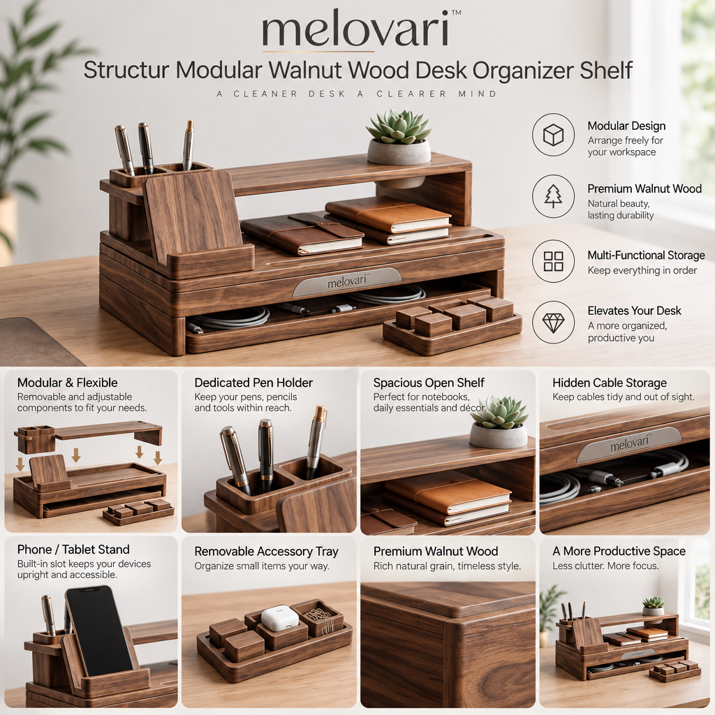 melovari™ Structur Modular Walnut Wood Desk Organizer Shelf