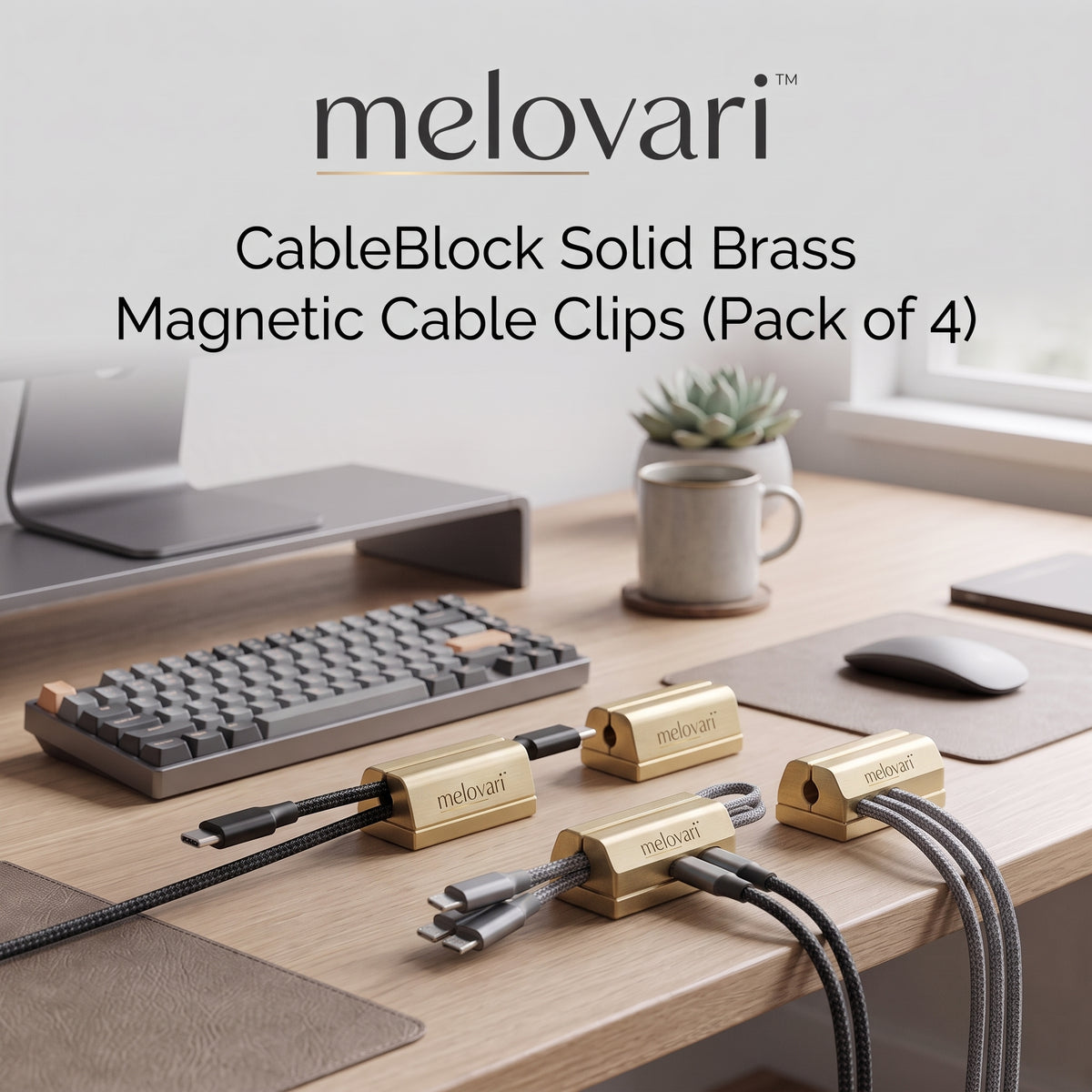 melovari™ CableBlock Solid Brass Magnetic Cable Clips (Pack of 4)