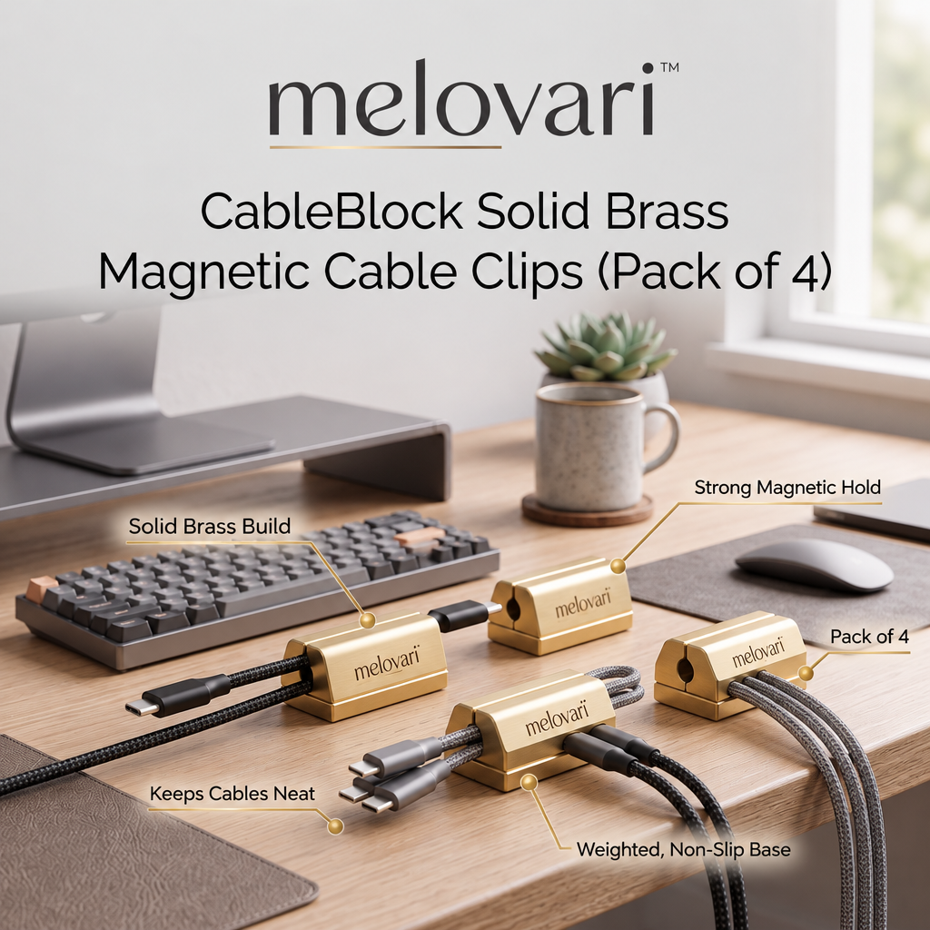 melovari™ CableBlock Solid Brass Magnetic Cable Clips (Pack of 4)