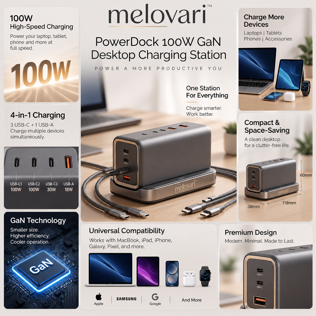 melovari™ PowerDock 100W GaN Desktop Charging Station